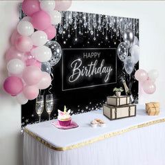 Lofaris Toile de fond noire et argentée joyeux anniversaire avec ballons et paillettes, magnifique décor de fête pour célébration adulte