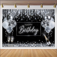 Lofaris Toile de fond noire et argentée joyeux anniversaire avec ballons et paillettes, magnifique décor de fête pour célébration adulte