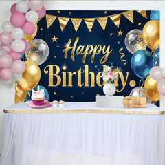 Lofaris Toile de fond joyeux anniversaire bleu et or avec ballons et paillettes, élégant arrière-plan de fête pour décoration et séance photo