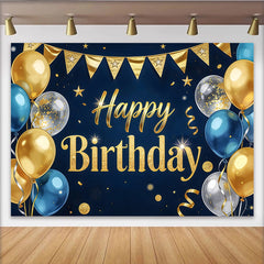 Lofaris Toile de fond joyeux anniversaire bleu et or avec ballons et paillettes, élégant arrière-plan de fête pour décoration et séance photo