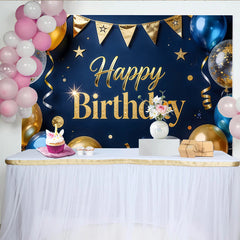 Lofaris Toile de fond joyeux anniversaire or et bleu avec ballons, magnifique arrière-plan de fête pour studio photo