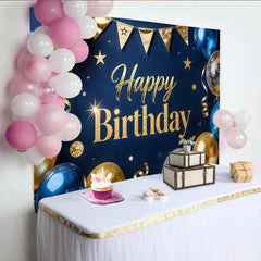 Lofaris Toile de fond joyeux anniversaire or et bleu avec ballons, magnifique arrière-plan de fête pour studio photo