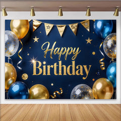 Lofaris Toile de fond joyeux anniversaire or et bleu avec ballons, magnifique arrière-plan de fête pour studio photo
