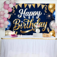 Lofaris Toile de fond joyeux anniversaire bleu et or avec ballons et paillettes, élégant décor de fête pour studio photo et célébration