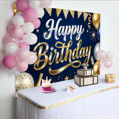 Lofaris Toile de fond joyeux anniversaire bleu et or avec ballons et paillettes, élégant décor de fête pour studio photo et célébration