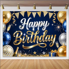 Lofaris Toile de fond joyeux anniversaire bleu et or avec ballons et paillettes, élégant décor de fête pour studio photo et célébration