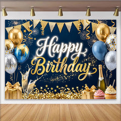 Lofaris Toile de fond joyeux anniversaire or et bleu avec ballons et confettis, magnifique décor de célébration pour adultes et studio photo