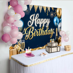Lofaris Toile de fond joyeux anniversaire bleu et or avec ballons et paillettes, élégant décor de fête pour studio photo