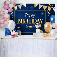 Lofaris Toile de fond pour anniversaire bleu et or avec ballons et cadeaux, élégant décor de fête avec étoiles et paillettes