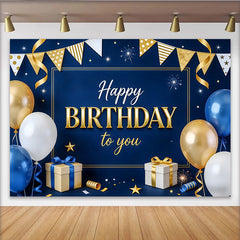 Lofaris Toile de fond pour anniversaire bleu et or avec ballons et cadeaux, élégant décor de fête avec étoiles et paillettes