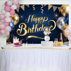 Lofaris Toile de fond joyeux anniversaire bleu marine et or avec ballons, élégant décor de fête pour célébration et studio photo