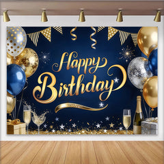 Lofaris Toile de fond joyeux anniversaire bleu marine et or avec ballons, élégant décor de fête pour célébration et studio photo
