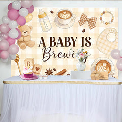 Lofaris Toile de fond baby shower thème café avec ours en peluche et biberon, décor de fête prénatale à carreaux pour studio photo
