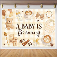 Lofaris Toile de fond baby shower thème café avec ours en peluche et biberon, décor de fête prénatale à carreaux pour studio photo