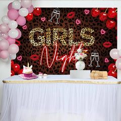 Lofaris Toile de fond soirée entre filles imprimé léopard et cerises, décor chic avec coupes de champagne et cœurs pour fête
