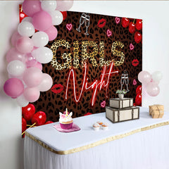 Lofaris Toile de fond soirée entre filles imprimé léopard et cerises, décor chic avec coupes de champagne et cœurs pour fête