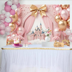 Lofaris Toile de fond rose et or château de princesse avec ballons anniversaire fille, décor de fête avec carrosses et roses pour séance photo