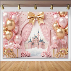Lofaris Toile de fond rose et or château de princesse avec ballons anniversaire fille, décor de fête avec carrosses et roses pour séance photo