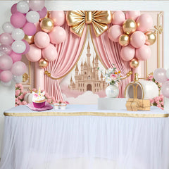 Lofaris Toile de fond rose et or château princesse avec ballons, élégant décor de fête pour studio photo et célébration