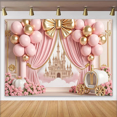 Lofaris Toile de fond rose et or château princesse avec ballons, élégant décor de fête pour studio photo et célébration
