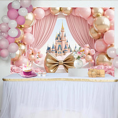 Lofaris Toile de fond rose et or pour anniversaire princesse avec château, magnifique décor de fête avec ballons et roses pour fille