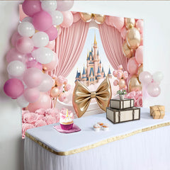 Lofaris Toile de fond rose et or pour anniversaire princesse avec château, magnifique décor de fête avec ballons et roses pour fille