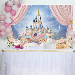 Lofaris Toile de fond pour anniversaire princesse avec château, carrosse et rideaux roses, magnifique décor féerique pour séance photo