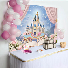 Lofaris Toile de fond pour anniversaire princesse avec château, carrosse et rideaux roses, magnifique décor féerique pour séance photo