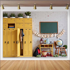 Lofaris Toile de fond pour la rentrée scolaire avec casiers jaunes, tableau noir et fournitures, décor de studio pour enfants