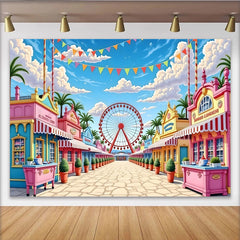 Lofaris. Toile de fond de photographie de fête foraine colorée avec grande roue et drapeaux, arrière-plan de rue de carnaval pour studio photo