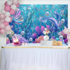 Lofaris Toile de fond sirène anniversaire queue scintillante et bulles, décor sous-marin coloré pour fête de fille
