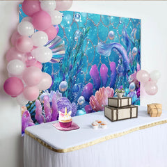 Lofaris Toile de fond sirène anniversaire queue scintillante et bulles, décor sous-marin coloré pour fête de fille