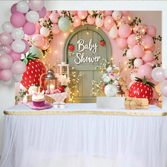Lofaris Toile de fond pour baby shower rose et verte avec fraises et ballons, magnifique arrière-plan de fête pour studio photo