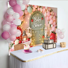 Lofaris Toile de fond pour baby shower rose et verte avec fraises et ballons, magnifique arrière-plan de fête pour studio photo
