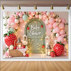 Lofaris Toile de fond pour baby shower rose et verte avec fraises et ballons, magnifique arrière-plan de fête pour studio photo