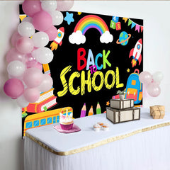Lofaris Toile de fond colorée pour la rentrée scolaire avec bus, livres et arc-en-ciel, décor éducatif pour studio photo et fête d'école