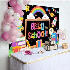 Lofaris Toile de fond colorée pour la rentrée scolaire avec tableau noir et arc-en-ciel, décor de fête éducatif pour studio photo et enfants