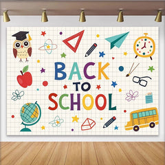 Lofaris Toile de fond colorée pour la rentrée scolaire avec hibou et bus, arrière-plan éducatif pour studio photo et fête d'école