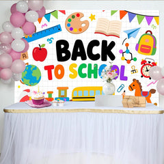 Lofaris Toile de fond colorée pour la rentrée scolaire avec bus, hibou et livres, arrière-plan éducatif pour studio photo et décoration