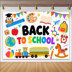 Lofaris Toile de fond colorée pour la rentrée scolaire avec bus, hibou et livres, arrière-plan éducatif pour studio photo et décoration