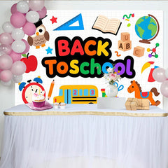 Lofaris Toile de fond de rentrée scolaire joyeuse avec bus livre hibou et globe, arrière-plan éducatif pour studio photo et événements