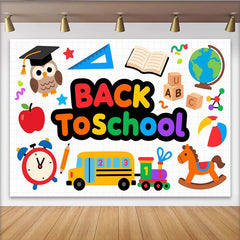 Lofaris Toile de fond de rentrée scolaire joyeuse avec bus livre hibou et globe, arrière-plan éducatif pour studio photo et événements