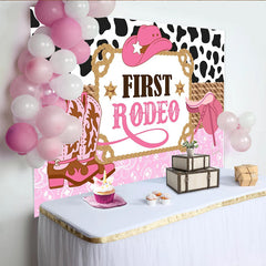 Lofaris Toile de fond rose rodéo pour 1er anniversaire fille avec bottes et chapeau, arrière-plan de fête imprimé vache et motif bandana