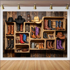 Lofaris Toile de fond de photographie western avec bottes et chapeaux de cowboy, arrière-plan rustique en bois pour studio photo