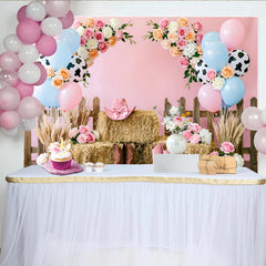 Lofaris Toile de fond rose pour anniversaire western avec ballons et fleurs, décor rustique avec bottes de cowboy pour séance photo