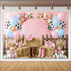 Lofaris Toile de fond rose pour anniversaire western avec ballons et fleurs, décor rustique avec bottes de cowboy pour séance photo