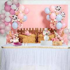 Lofaris Toile de fond anniversaire cowgirl rose et bleue avec ballons, décor rustique de ferme pour fête d'enfants et séance photo