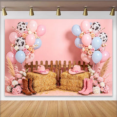 Lofaris Toile de fond anniversaire cowgirl rose et bleue avec ballons, décor rustique de ferme pour fête d'enfants et séance photo