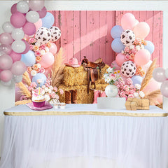 Lofaris Toile de fond baby shower cowgirl rose et bleue avec ballons imprimé vache et fleurs, décor western rustique pour séance photo