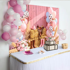 Lofaris Toile de fond baby shower cowgirl rose et bleue avec ballons imprimé vache et fleurs, décor western rustique pour séance photo